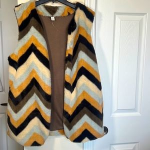 Cozy, fun, retro, multicolored zig zag Chevron Faux  Fur Medium Vest